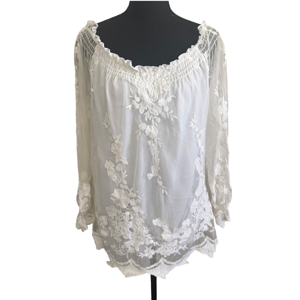 Marled Womens Cottagecore Floral Lace Mesh Off Shoulder Blouse L Peasant Boho